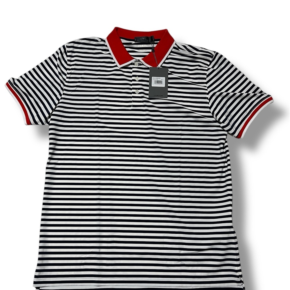 $120 G/Fore Striped Polo Shirt with Red Accents
